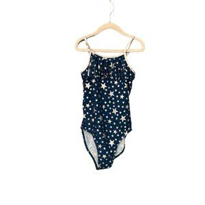 NWT Star Print Girls 10/12 Navy Blue One-Piece Swimsuit With Metallic Silver Tri